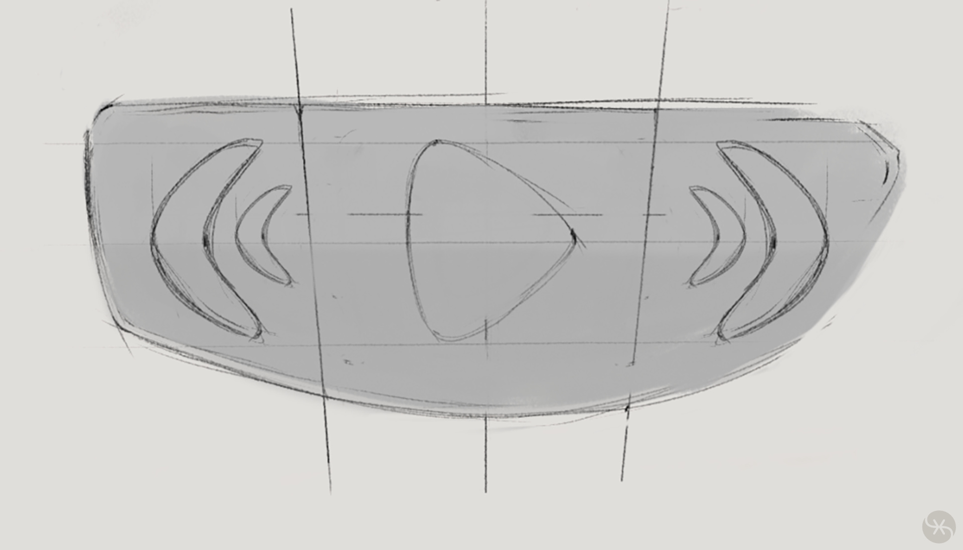Hand-drawn logo sketch showing the play triangle inside the back/forward interface element.