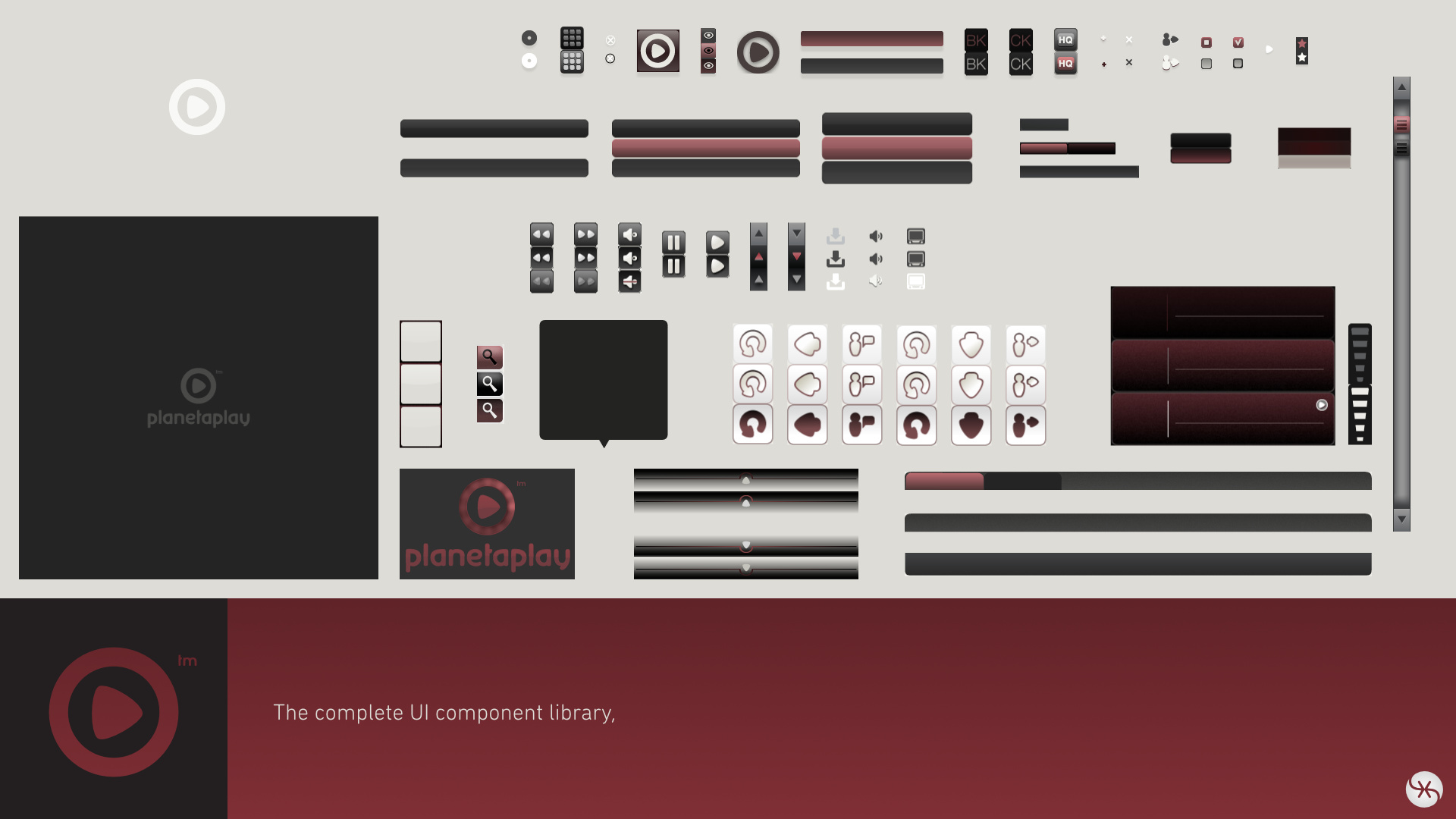 The complete UI component library, designed in Fireworks. Every button state, transport control, search element, scrollbar, tooltip style, and icon variation used across the platform.