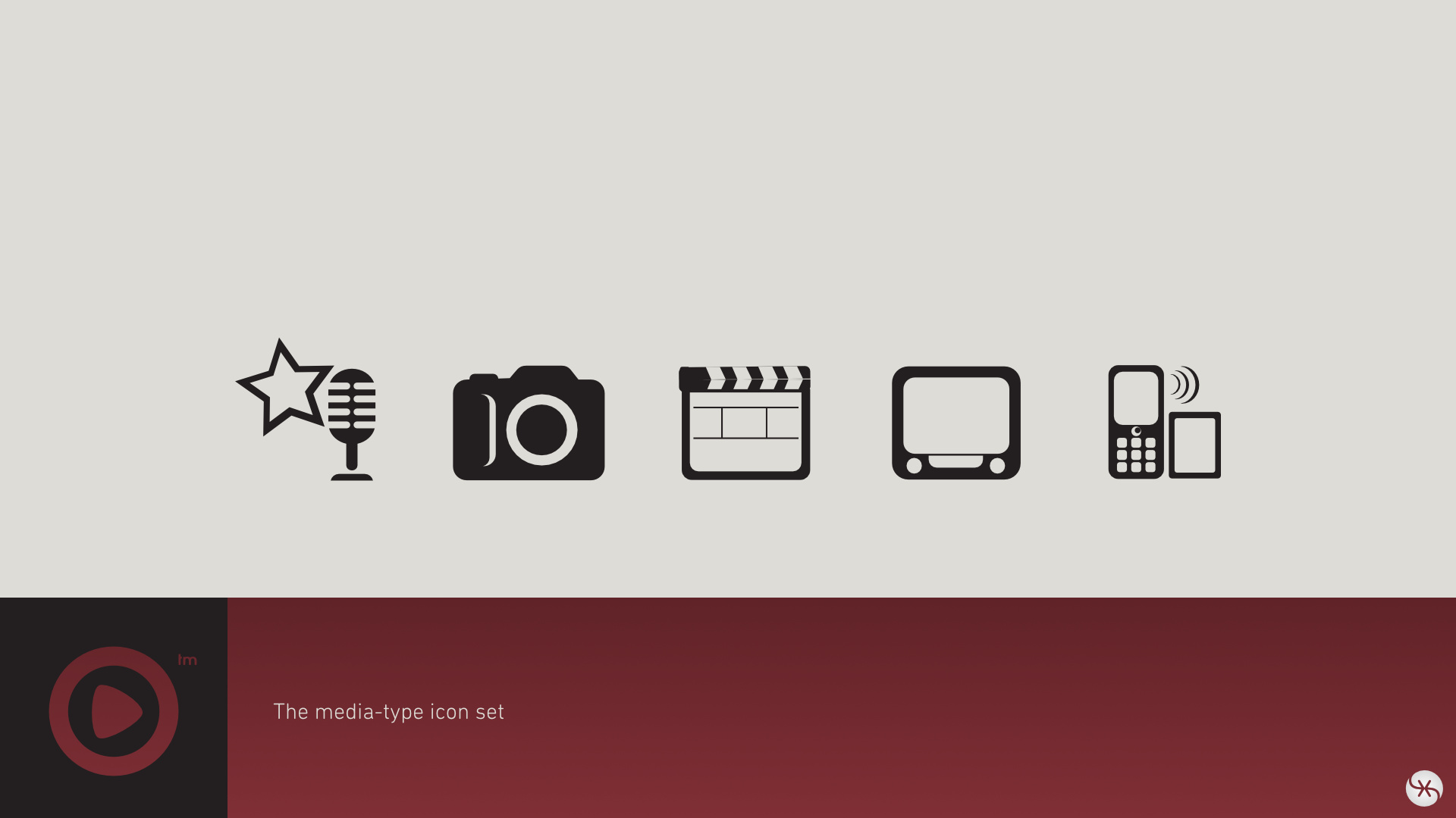 The media-type icon set I designed for the platform: artist (microphone), photo, video, TV, and mobile/devices.