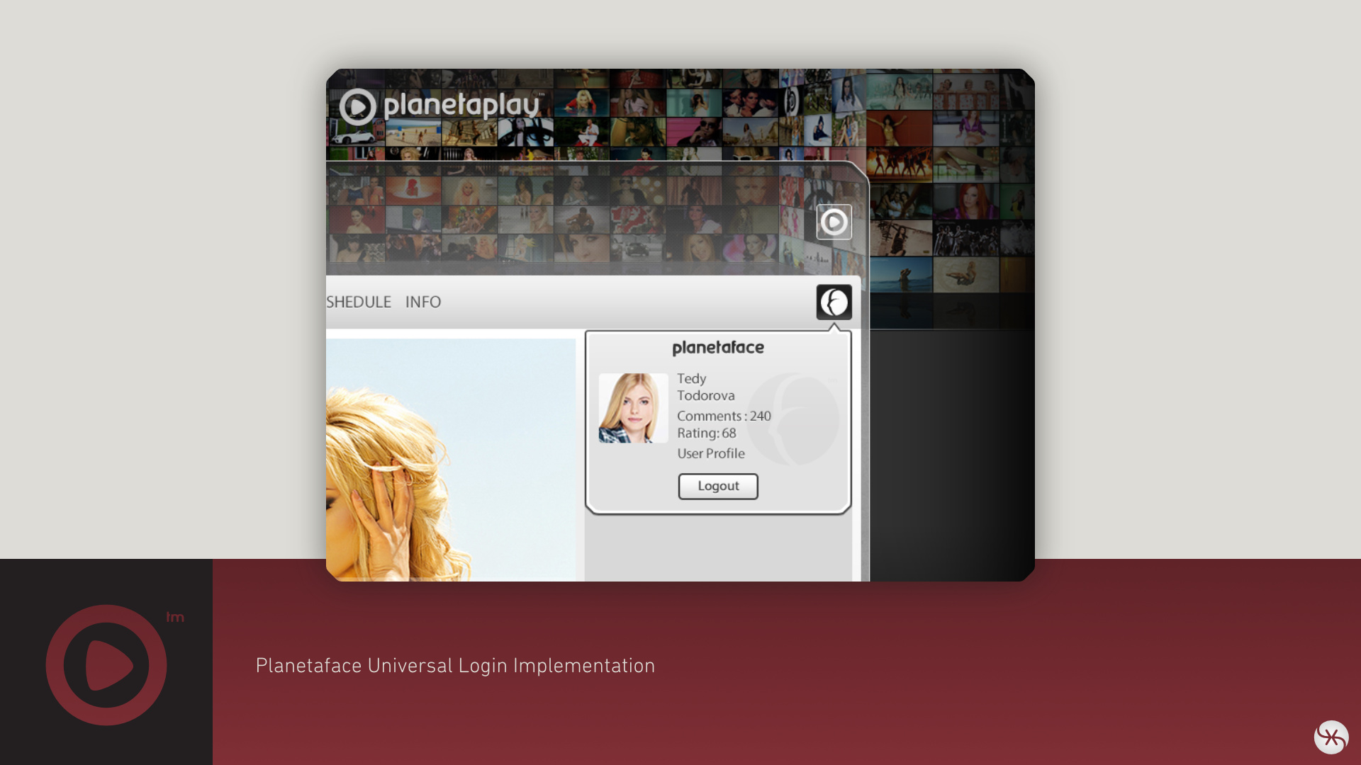 Planetaface universal login in context. One profile across all Payner Media sites, with comment count, rating, and profile access.