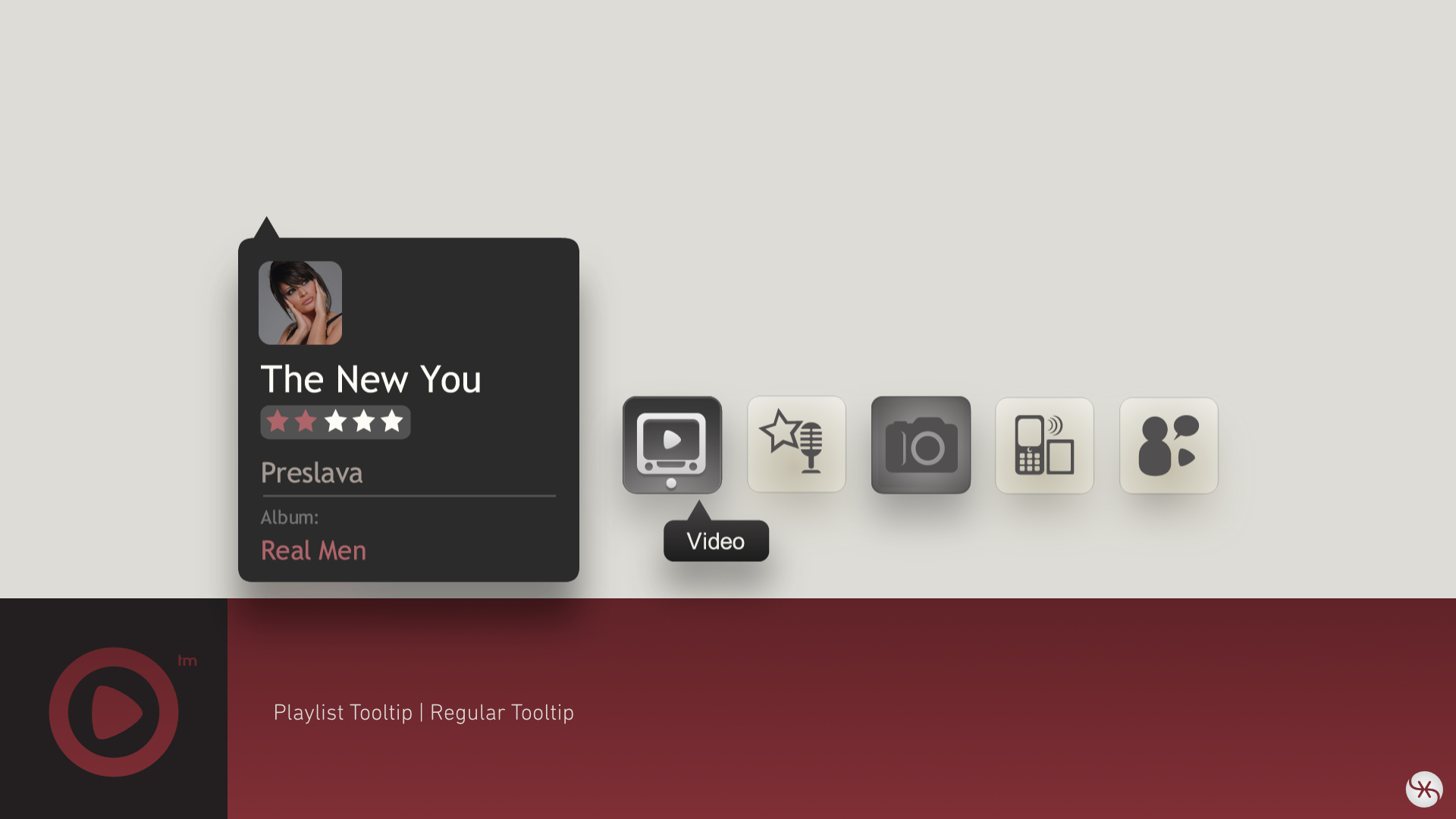 The playlist tooltip (left) and the media-type navigation icons with a regular tooltip (right). Every functional element in the interface exposed contextual information on hover.